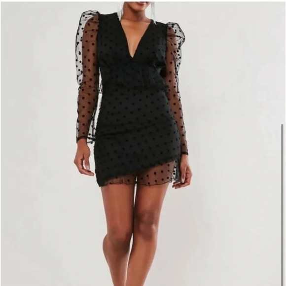 Missguided Dresses & Skirts - Missguided Black Dobby Milkmaid Vneck Polka Dot Frill Mini Dress,Women’s Size 10